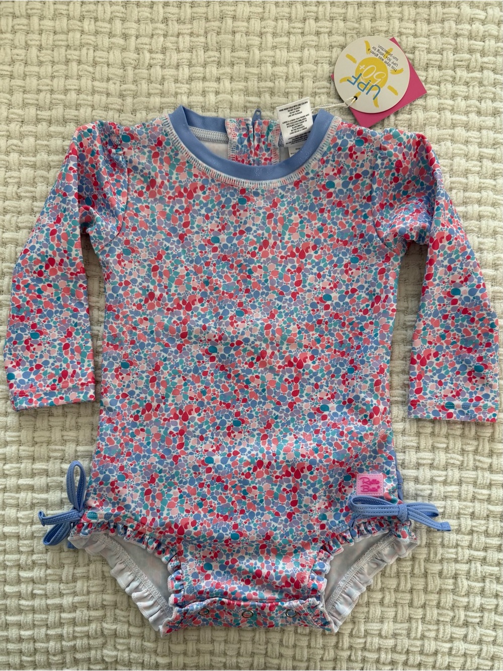 NWT Ruffle Butts Multicolor Floral Dot Long Sleeve One-Piece - Blue, Pink, White